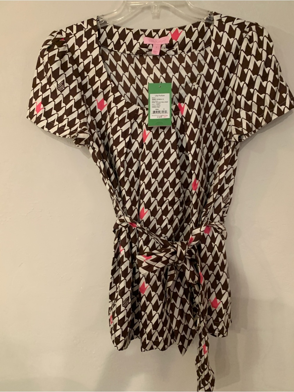 Lilly Pulitzer Brown & White Crane Pose Wrap Belt SilkTop with Pink AccentNWT S